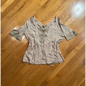 Women’s Kimono Top Beige Crochet Trim Boho Open Front Lightweight S